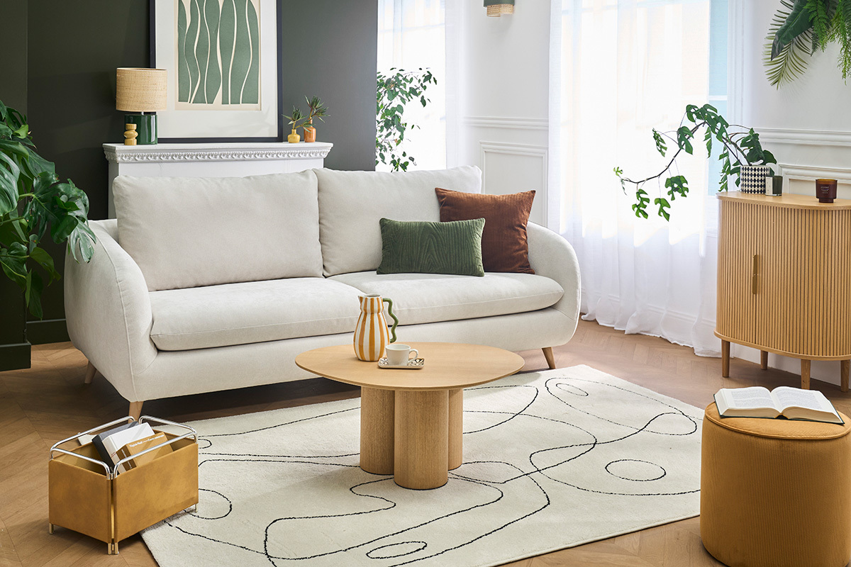 Sof� cama convertible 3-4 plazas en tejido efecto terciopelo beige con colch�n de 10 cm LEANDRE