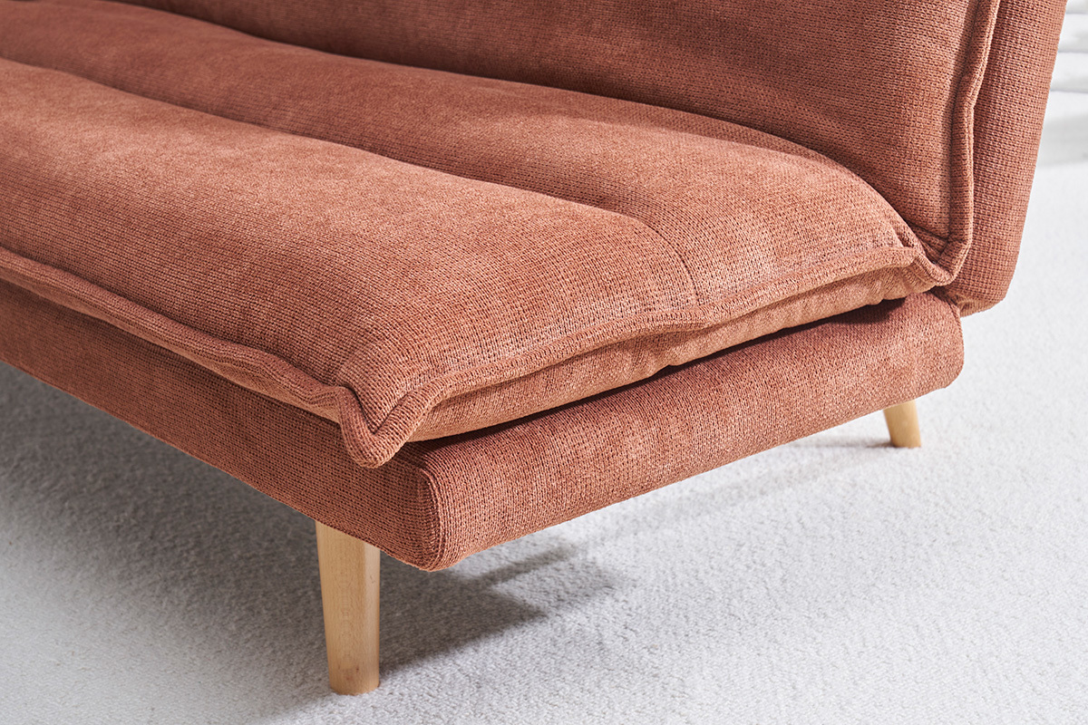 Sof� cama convertible de 3 plazas en tejido chenilla texturado tierra quemada y madera clara BINGO