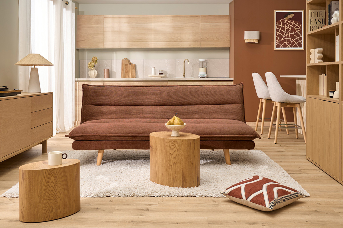 Sof� cama convertible de 3 plazas en tejido chenilla texturado tierra quemada y madera clara BINGO