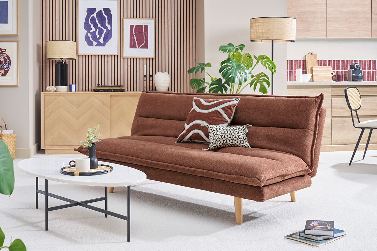 Sof� cama convertible de 3 plazas en tejido chenilla texturado tierra quemada y madera clara BINGO