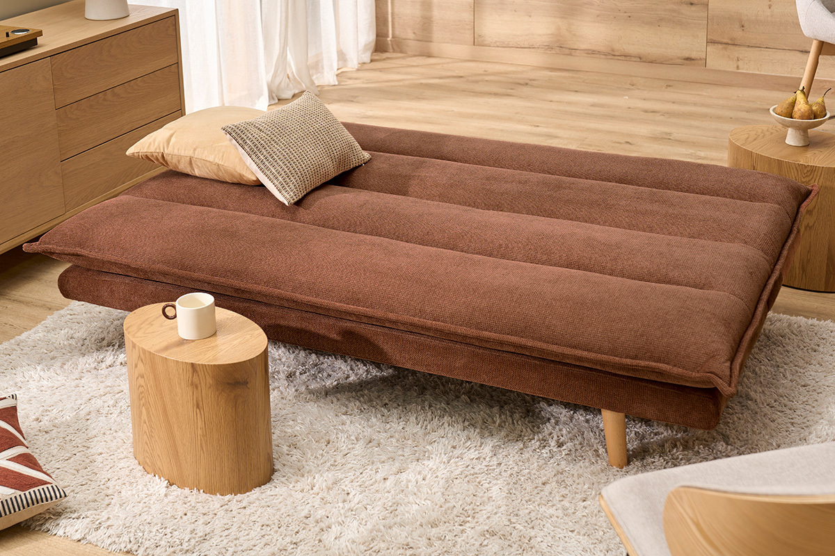 Sof� cama convertible de 3 plazas en tejido chenilla texturado tierra quemada y madera clara BINGO
