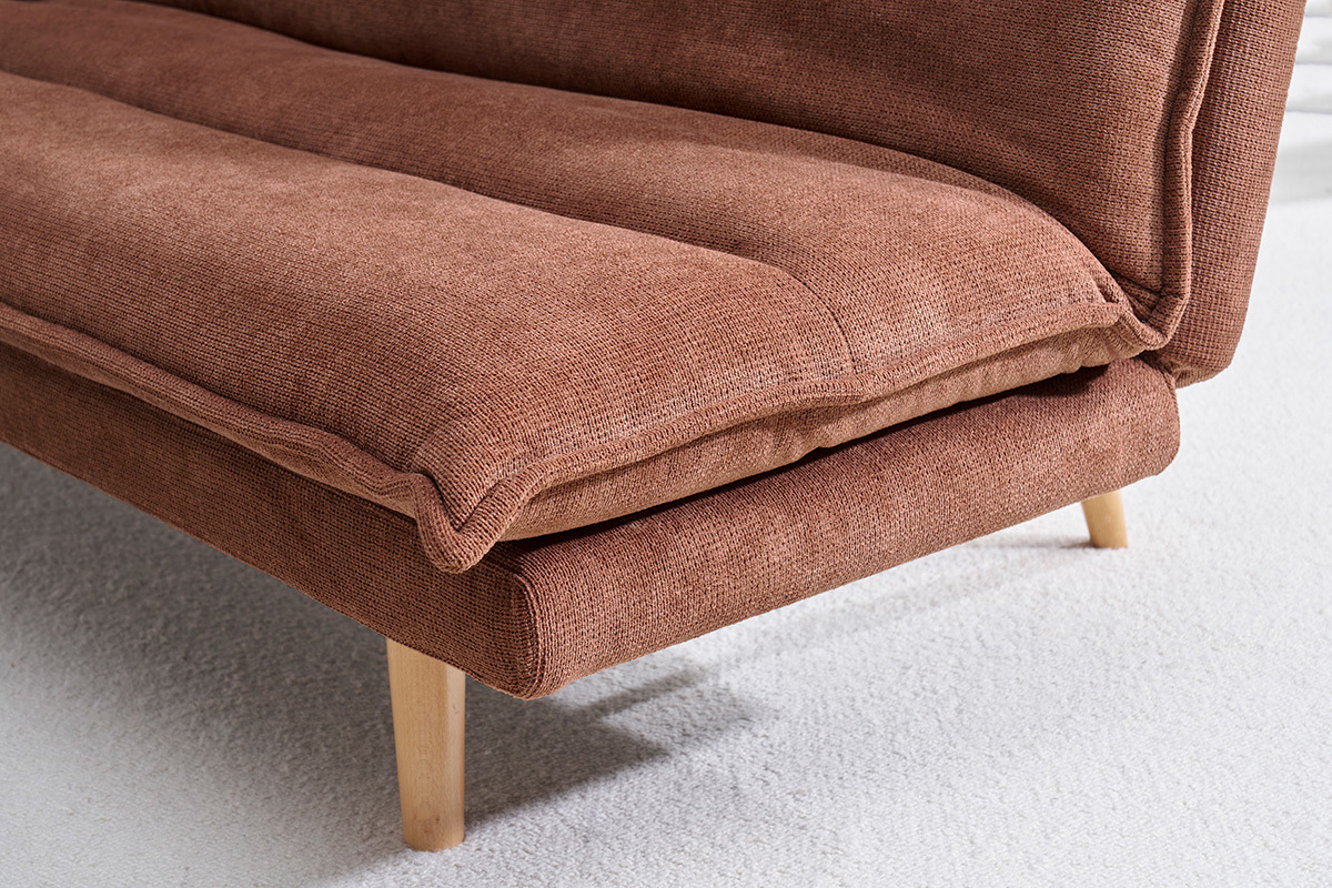 Sof� cama convertible de 3 plazas en tejido chenilla texturado tierra quemada y madera clara BINGO