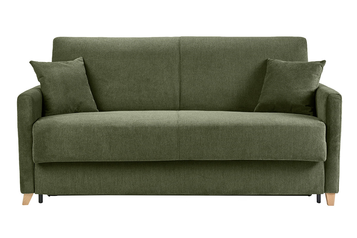 Canap� convertible de 3 plazas en tejido de chenilla verde oscuro con cojines, vista frontal.