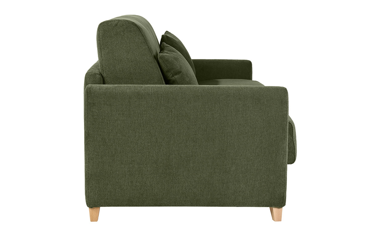 Sof� convertible de 3 plazas en tejido de chenilla verde oscuro, vista de perfil con patas de madera clara.