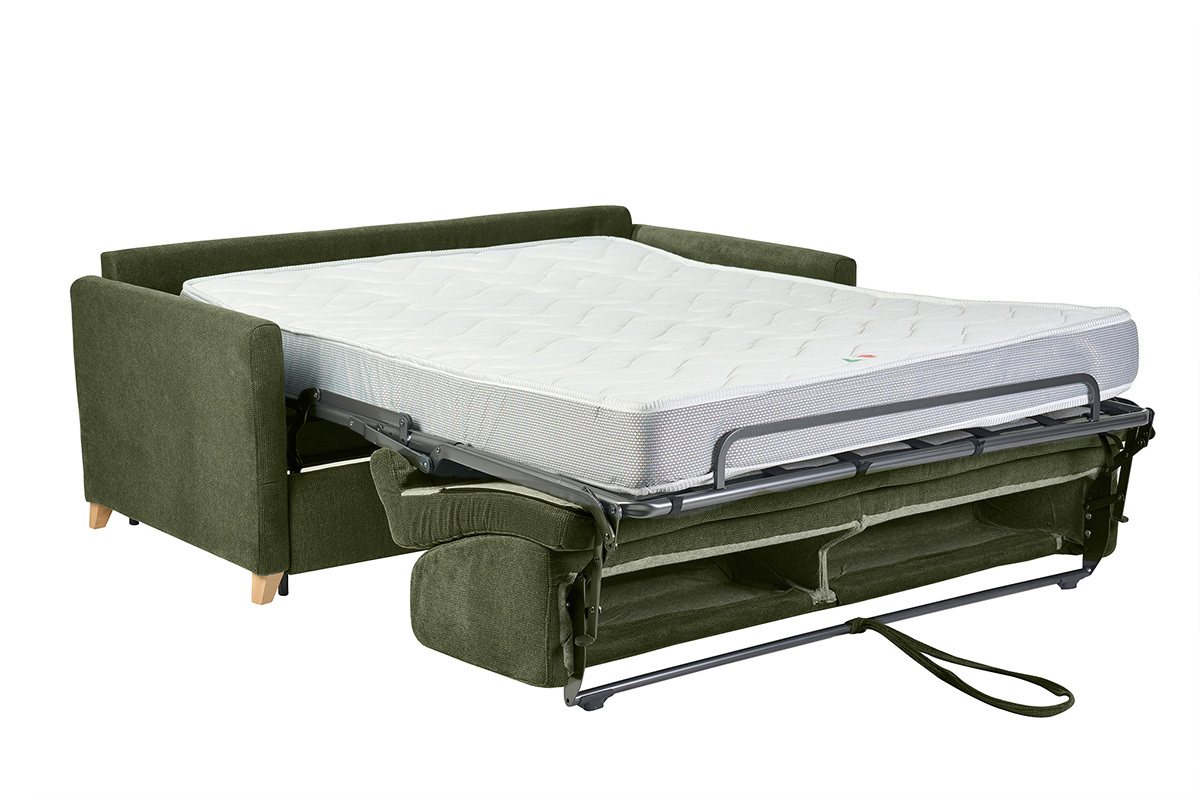 Sof� convertible de 3 plazas SKANDY en tejido chenilla verde oscuro con colch�n abierto, vista de 3/4.
