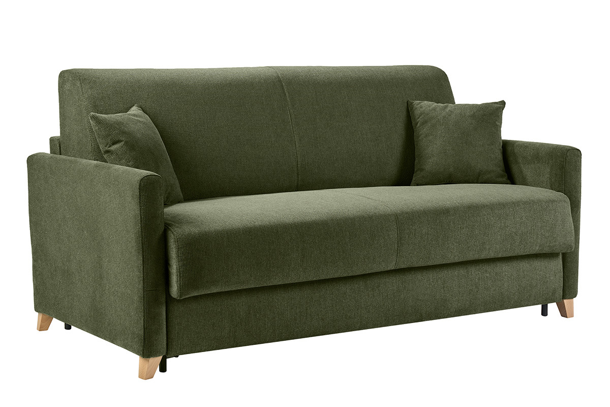 Sof� cama de 3 plazas en tejido chenilla verde oscuro con cojines, vista de 3/4.