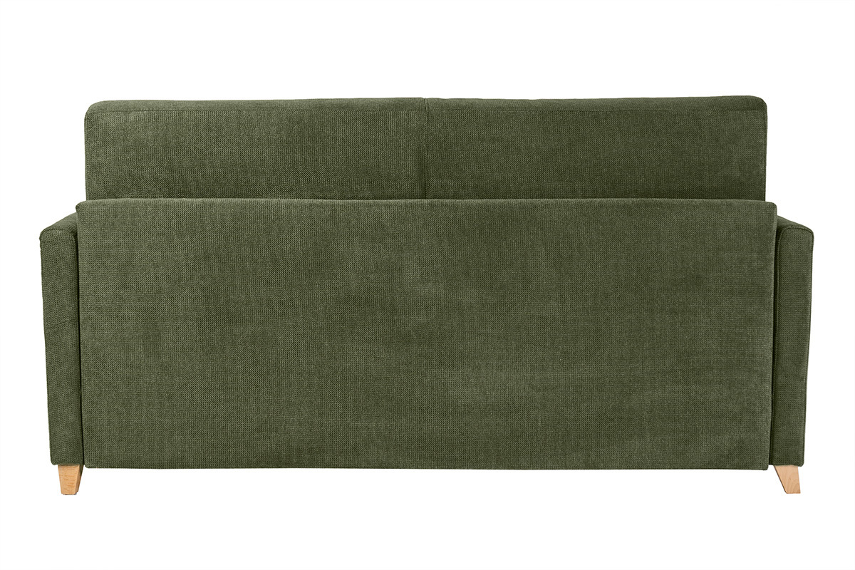 Vista trasera del sof� convertible de 3 plazas verde oscuro SKANDY con patas de madera clara.
