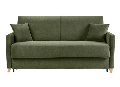 Sof&aacute; cama convertible de 3 plazas en tejido chenilla verde oscuro y madera clara con colch&oacute;n de 18 cm SKANDY
