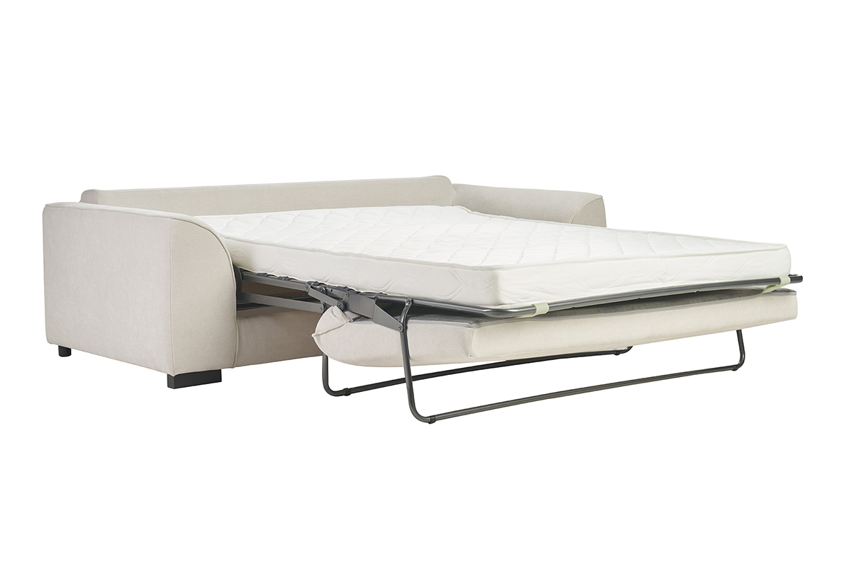 Sof cama convertible de 3 plazas beige con colchn desplegado, vista lateral.