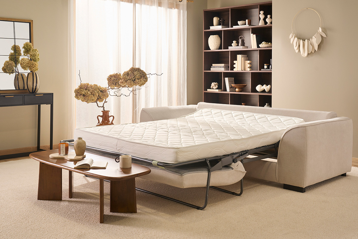 Sof� cama convertible de 3 plazas en tela efecto terciopelo beige con colch�n de 12 cm ARMAND
