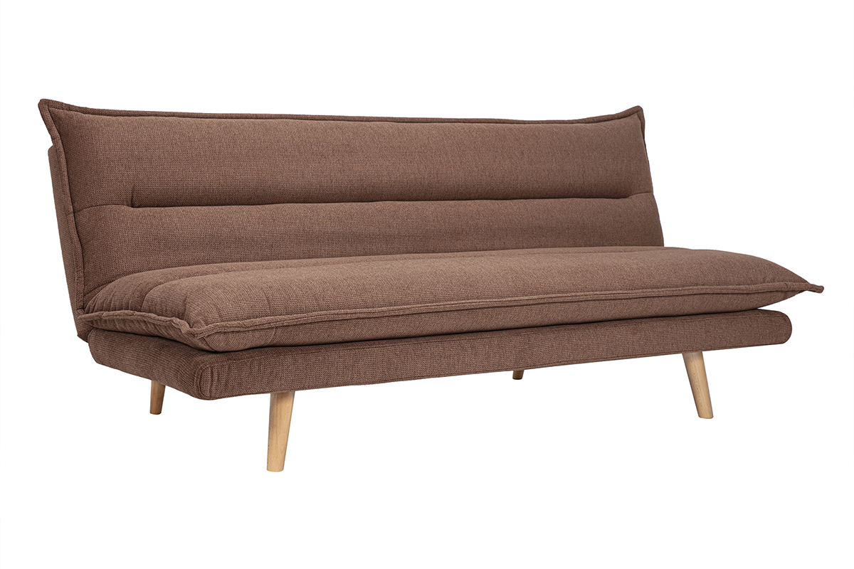 Sof cama convertible de 3 plazas en tela efecto terciopelo texturado tierra quemada y madera clara BINGO
