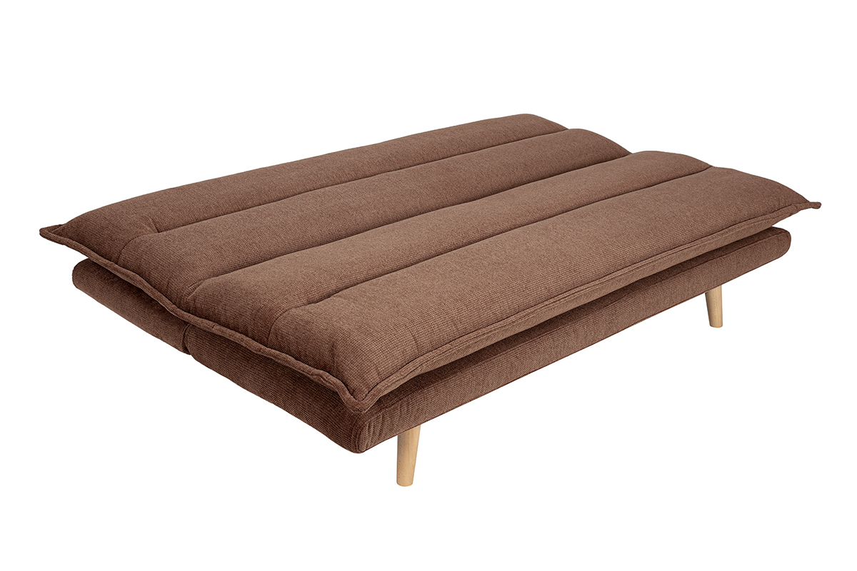 Sof cama convertible de 3 plazas en tela efecto terciopelo texturado tierra quemada y madera clara BINGO