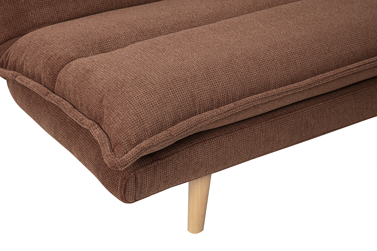 Sof cama convertible de 3 plazas en tela efecto terciopelo texturado tierra quemada y madera clara BINGO
