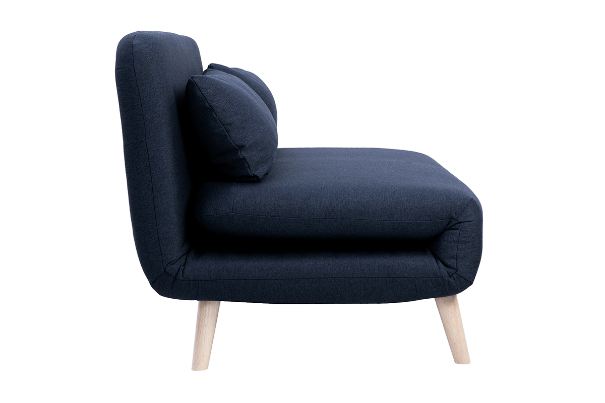 Sof cama de 2 plazas convertible en tela azul oscuro y madera clara AMIKO