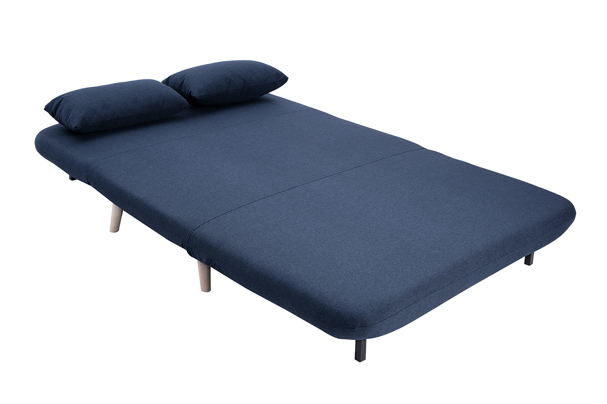 Sof cama de 2 plazas convertible en tela azul oscuro y madera clara AMIKO