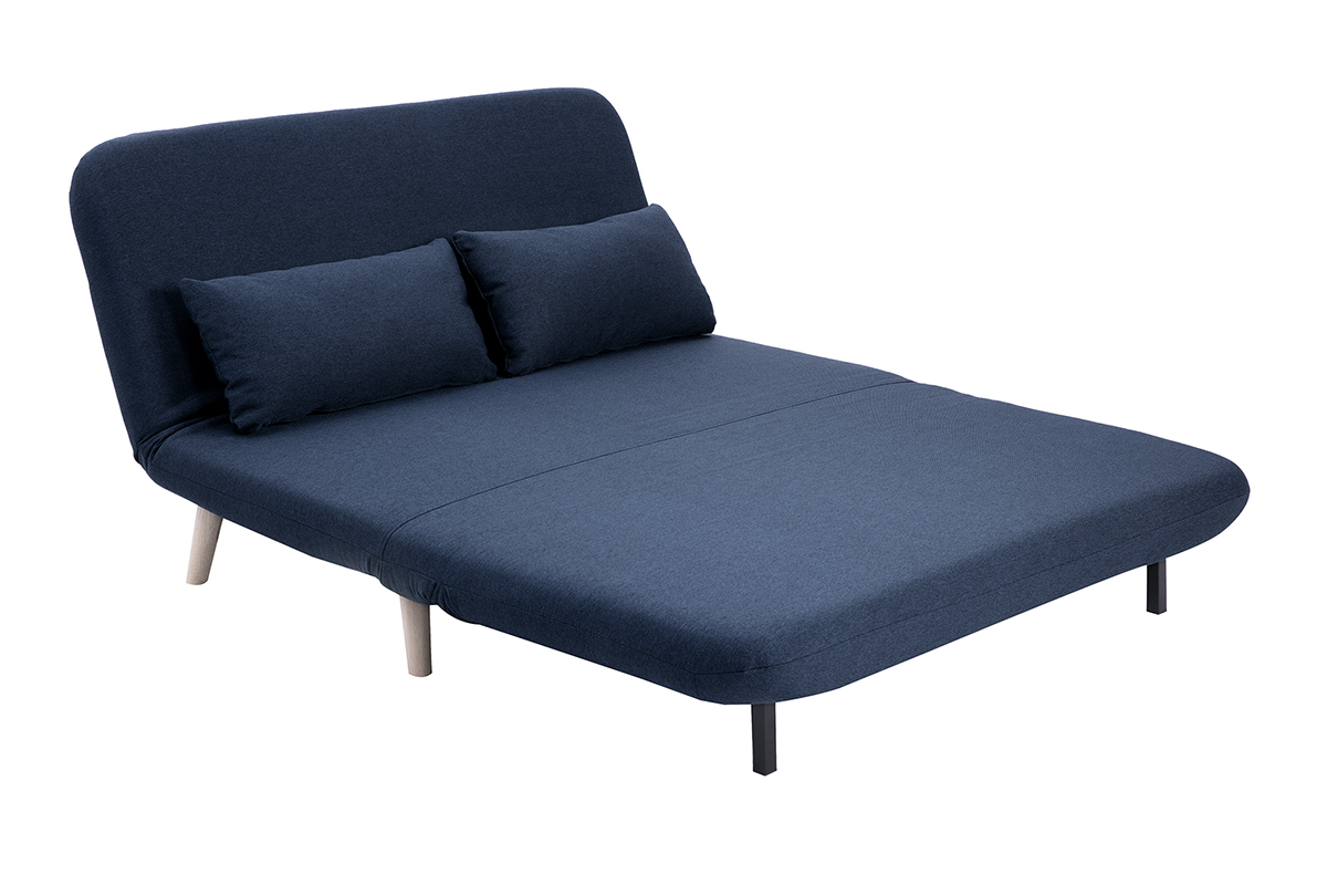 Sof cama de 2 plazas convertible en tela azul oscuro y madera clara AMIKO