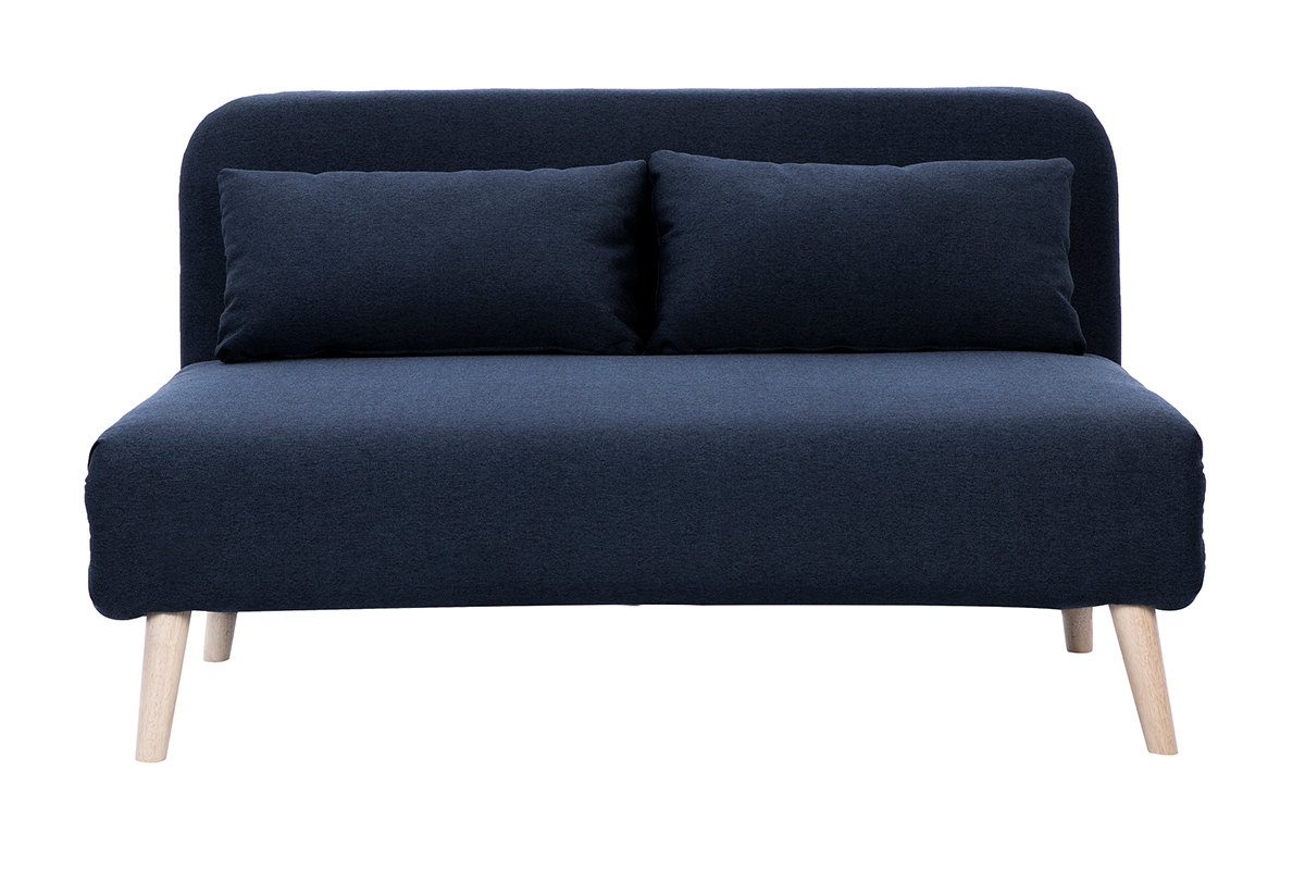 Sof cama de 2 plazas convertible en tela azul oscuro y madera clara AMIKO
