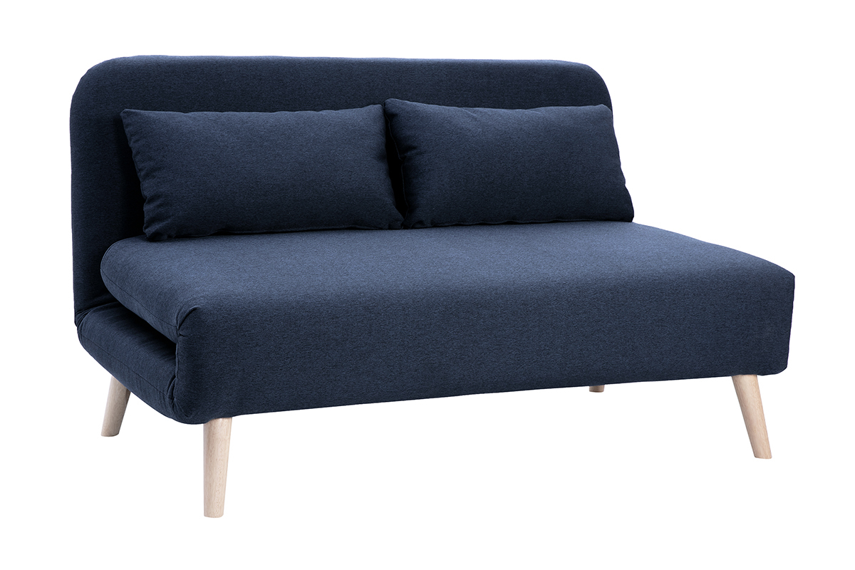 Sof cama de 2 plazas convertible en tela azul oscuro y madera clara AMIKO