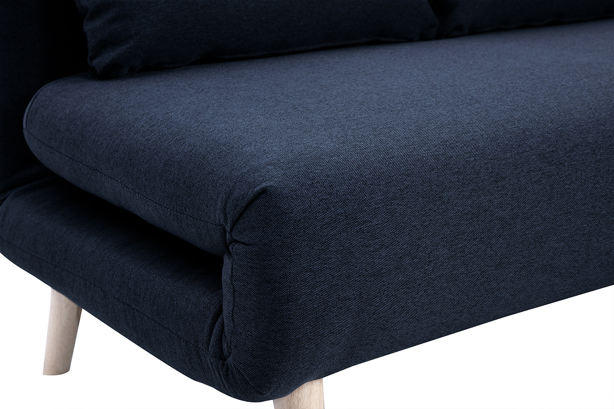 Sof cama de 2 plazas convertible en tela azul oscuro y madera clara AMIKO