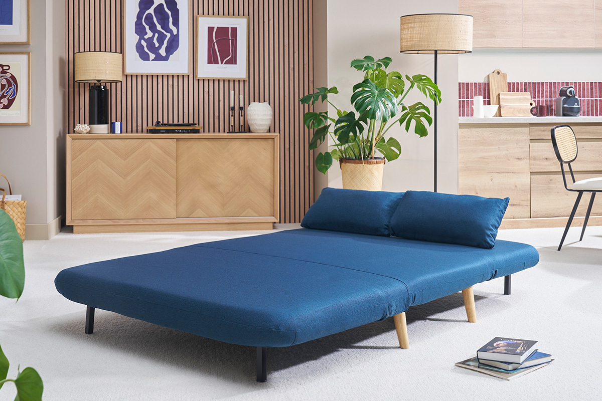 Sof� cama de 2 plazas convertible en tela azul oscuro y madera clara AMIKO