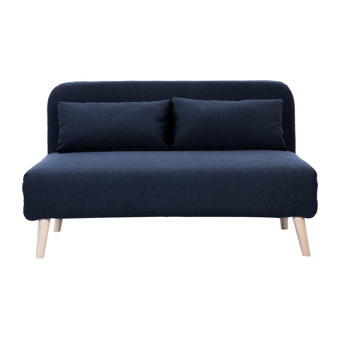 Sofá cama de 2 plazas convertible en tela azul oscuro y madera clara AMIKO