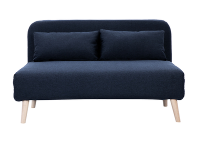 Sofá cama de 2 plazas convertible en tela azul oscuro y madera clara AMIKO
