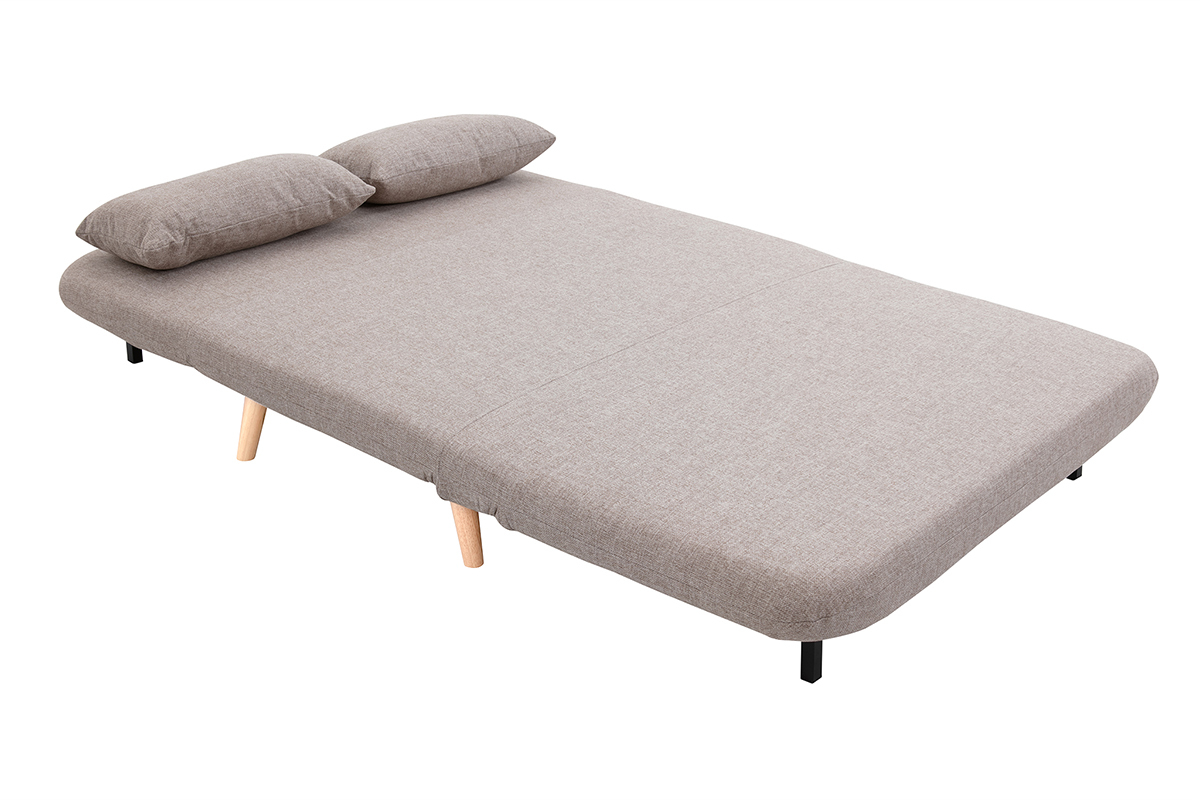 Sof cama de 2 plazas convertible en tela topo y madera clara AMIKO