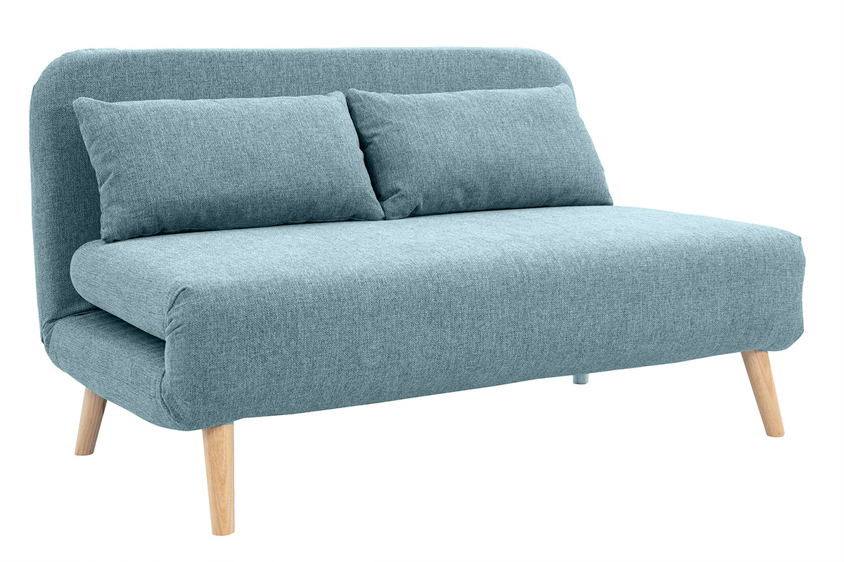 Sof cama de 2 plazas convertible en tela verde gris y madera clara AMIKO