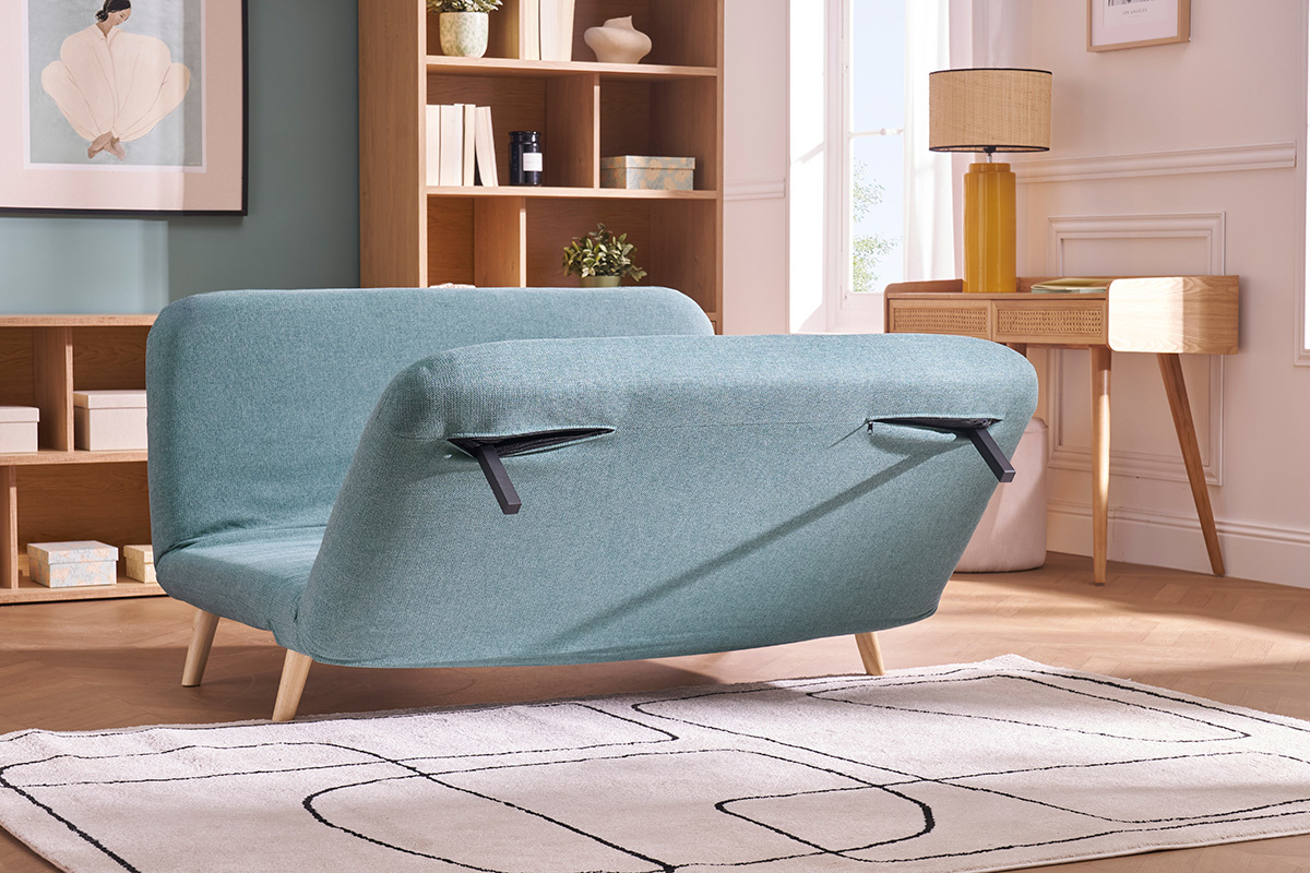 Sof cama de 2 plazas convertible en tela verde gris y madera clara AMIKO