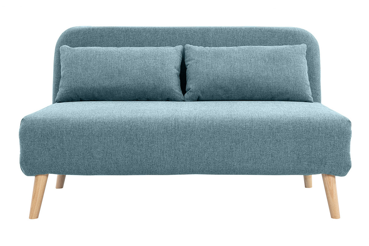 Sof cama de 2 plazas convertible en tela verde gris y madera clara AMIKO