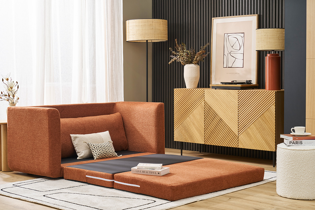 Sof cama de 2 plazas de tela de terciopelo texturizado color tierra quemada LEON