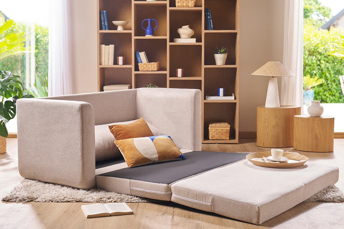 Sof cama de 2 plazas de tela efecto terciopelo texturizado beige LEON