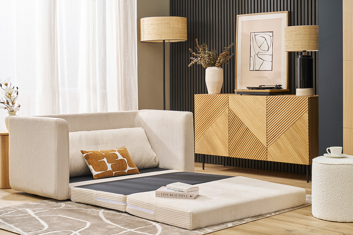 Sof cama de 2 plazas de terciopelo cotel beige LEON
