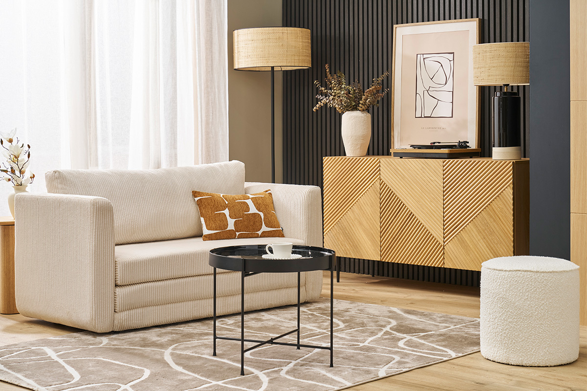 Sof cama de 2 plazas de terciopelo cotel beige LEON