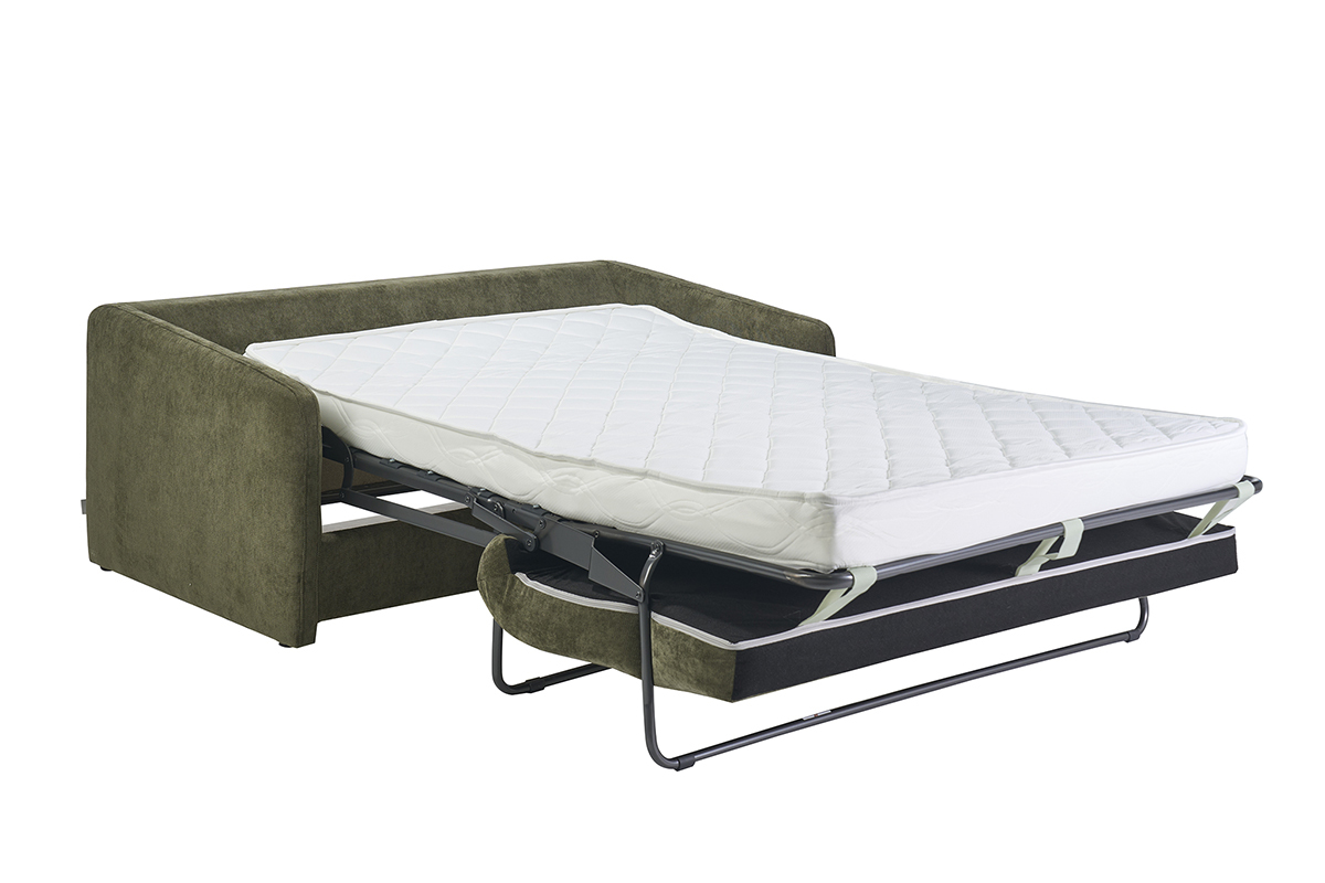 Sof� convertible de 2 plazas verde caqui, vista en 3/4 con colch�n desplegado.