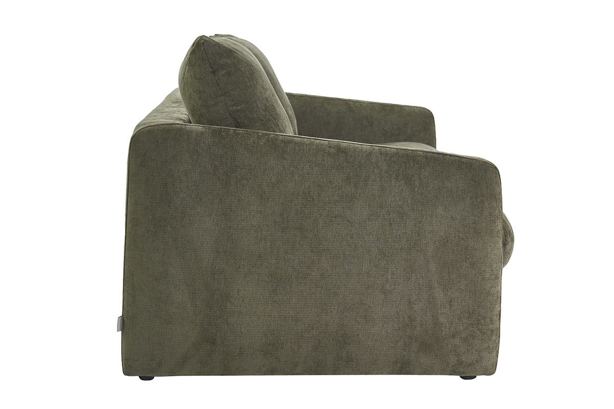 Sof� cama de 2 plazas en tejido con efecto terciopelo texturizado verde caqui, vista de perfil.