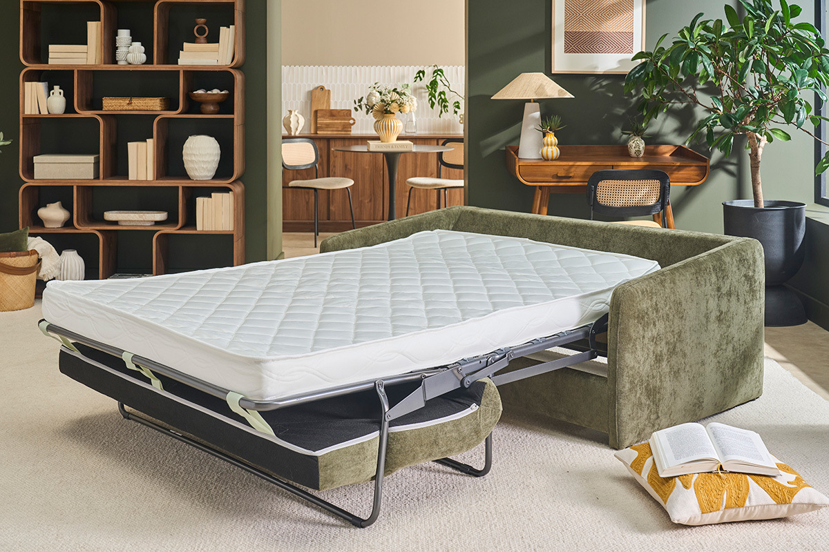 Sof� cama de 2 plazas en tejido efecto terciopelo texturizado verde caqui PAULIN