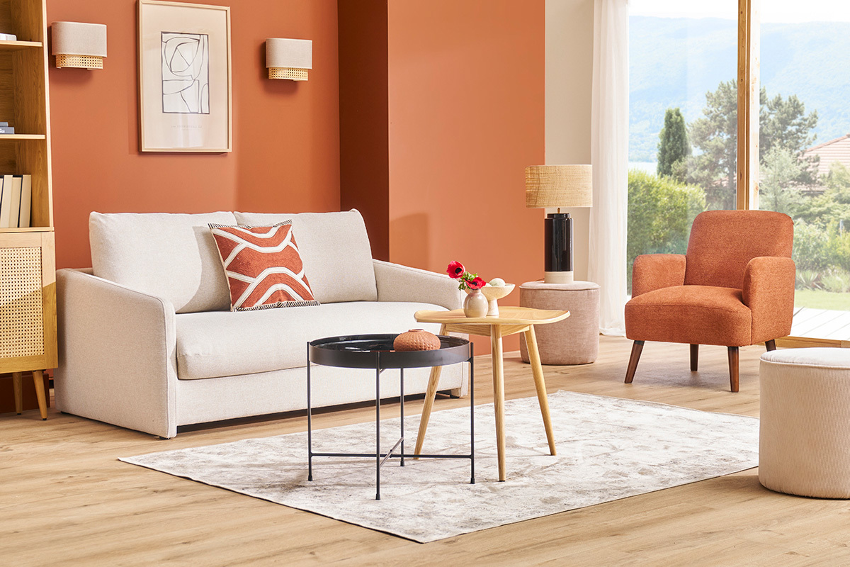 Sof cama de 2 plazas en tela beige PAULIN