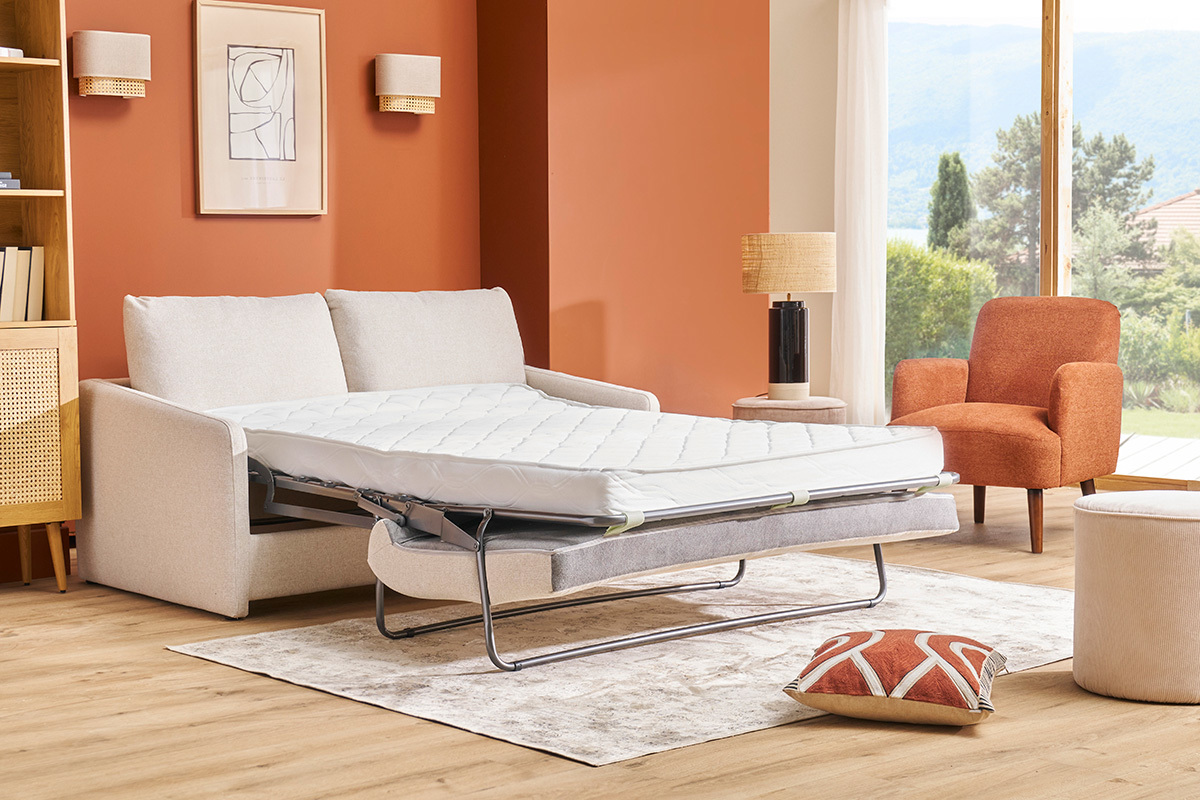 Sof cama de 2 plazas en tela beige PAULIN