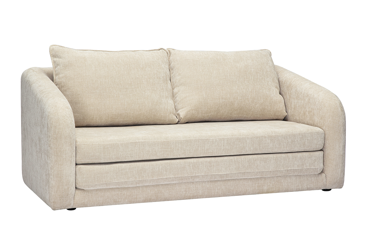 Sof convertible de 2 plazas de tela efecto terciopelo beige con cojines, vista de 3/4.