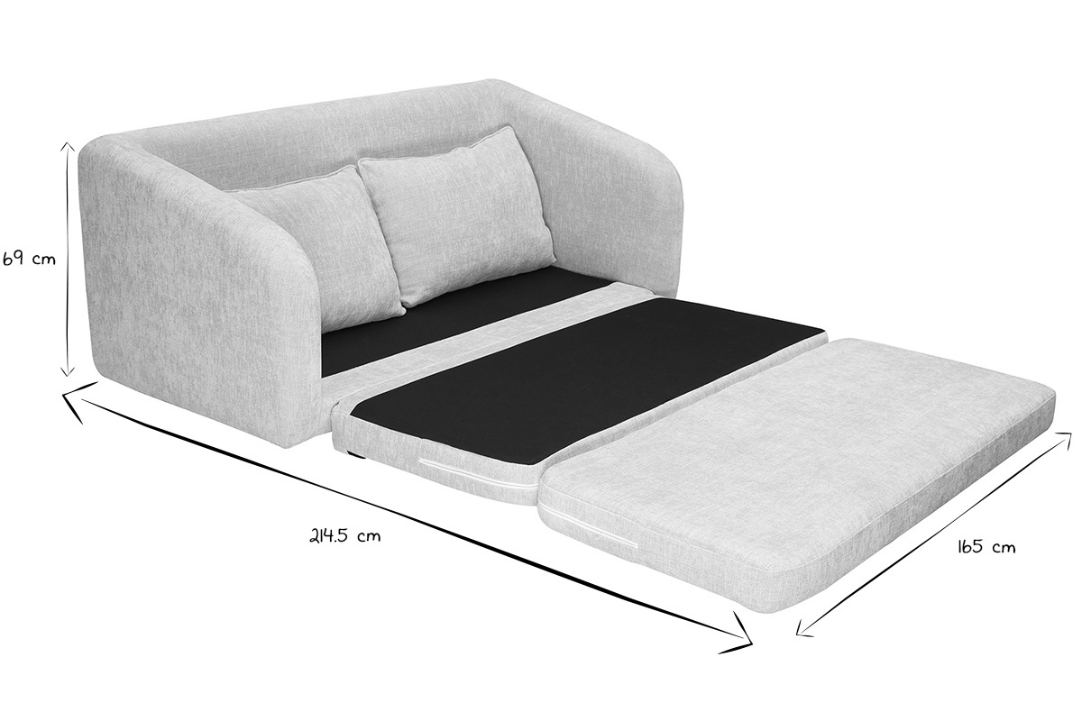 Sof cama MAHAUT en posicin de cama, vista lateral con dimensiones ilustradas.