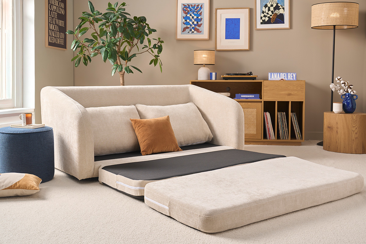 Sof� cama de 2 plazas en tela efecto terciopelo texturizado beige MAHAUT