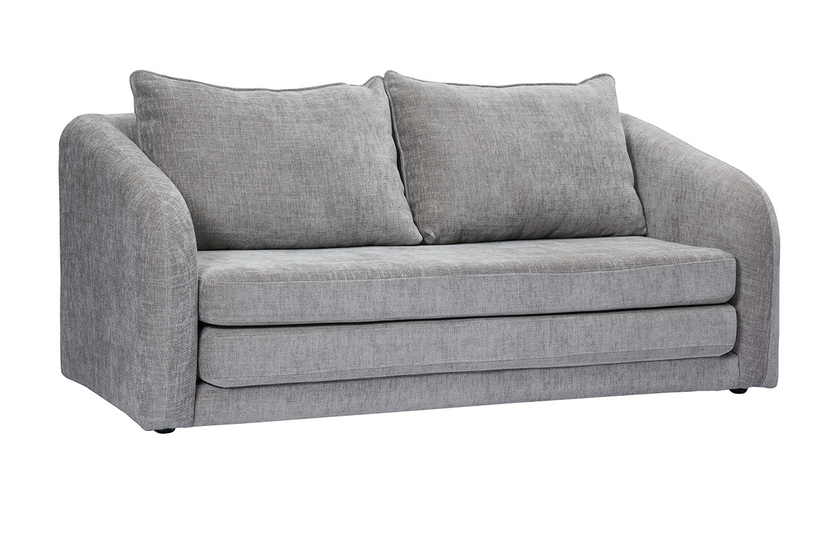 Sof convertible de 2 plazas gris de tela efecto terciopelo, vista de 3/4.