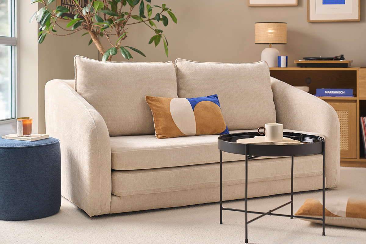 Sof� cama de 2 plazas en tela efecto terciopelo texturizado gris MAHAUT