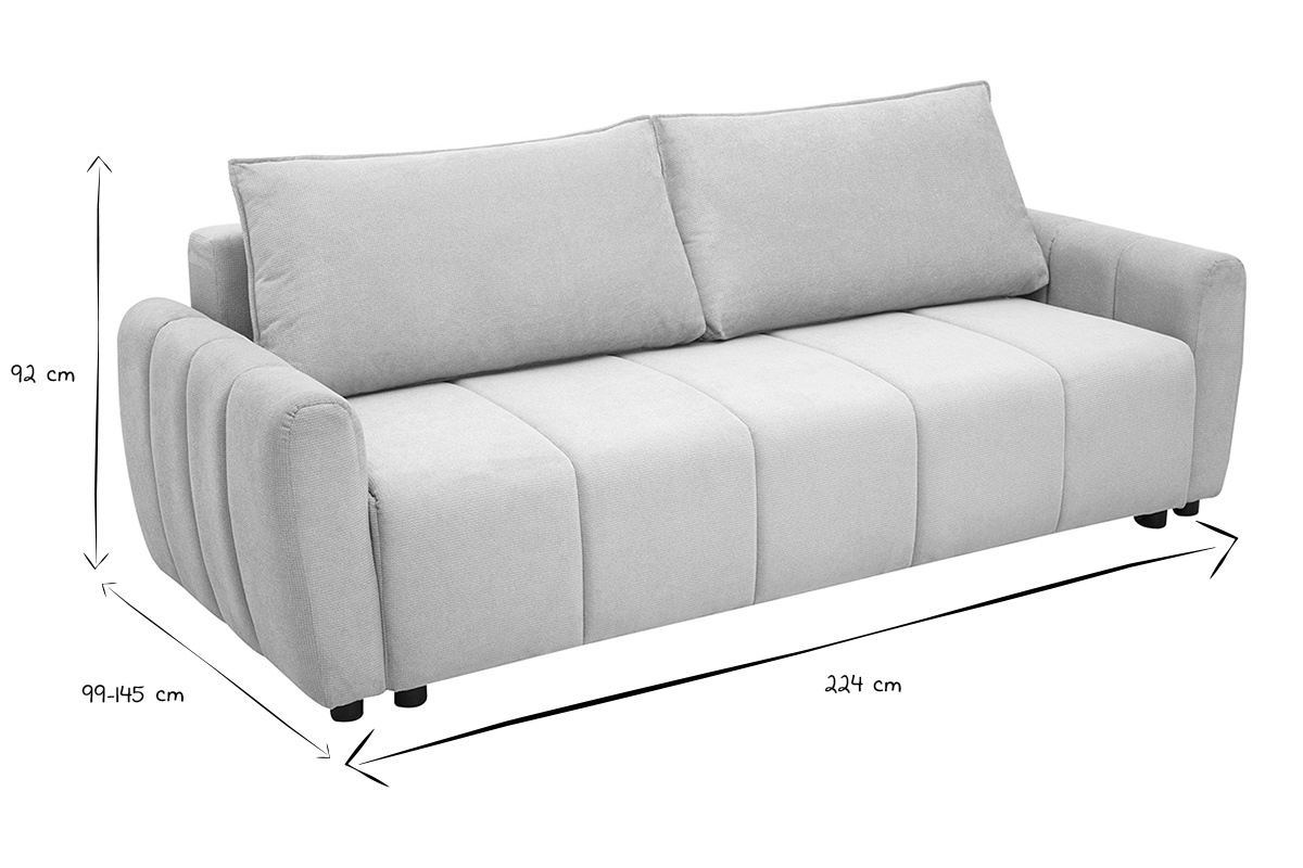 Dimensiones del sof� cama FOLDY en blanco y negro: 224 cm de ancho, 92 cm de alto, 99-145 cm de profundidad.