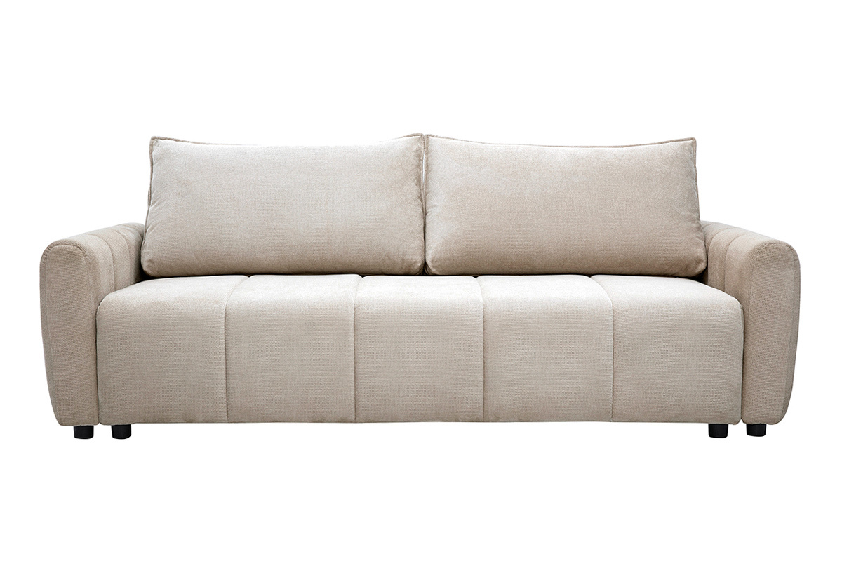 Sof� cama de 3 plazas FOLDY en tejido chenilla beige, vista frontal con cojines.