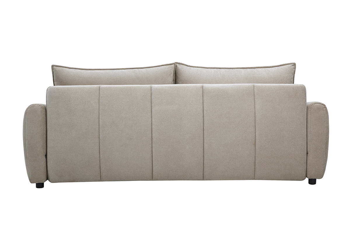 Sof� convertible de 3 plazas en tejido chenilla beige, vista trasera con cojines mullidos.