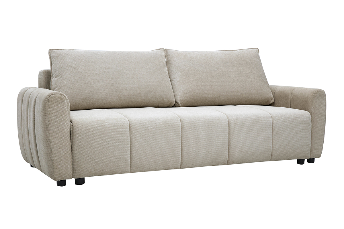 Sof� cama de 3 plazas en tejido de chenilla beige, vista en 3/4