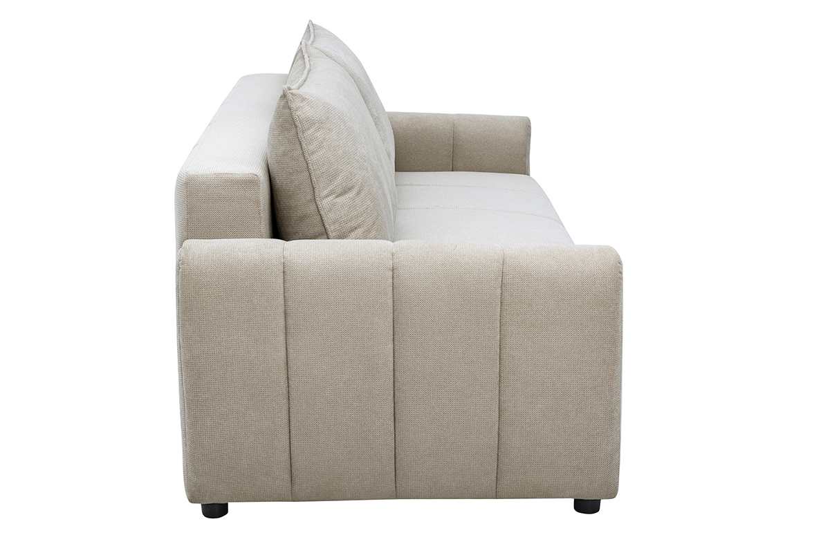 Sof� cama de 3 plazas en tejido de chenilla beige, vista de perfil