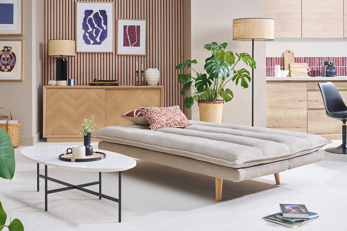 Sof� cama de 3 plazas en tejido chenilla texturado beige y madera clara BINGO